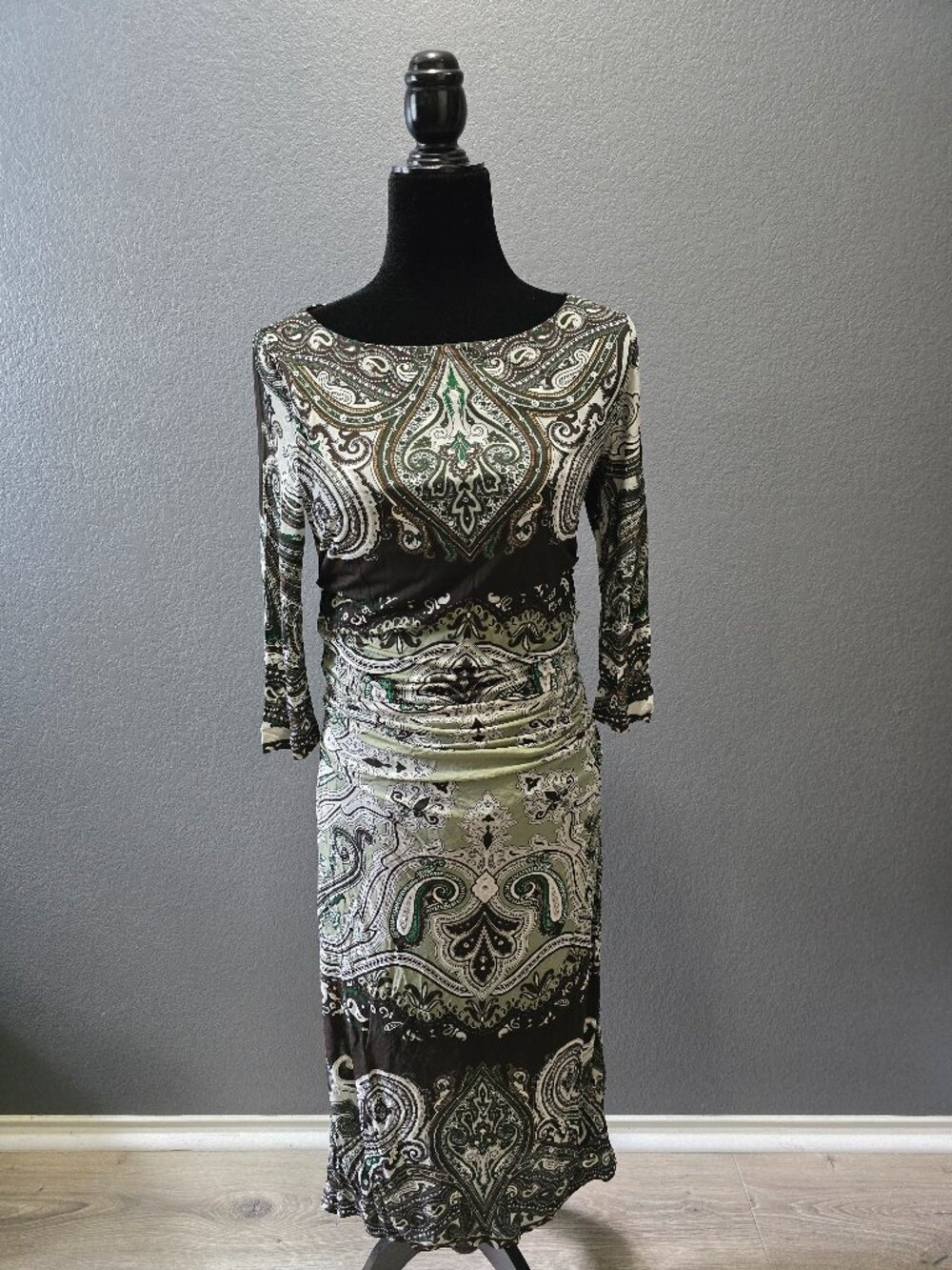 NWT Etro Italy 46/US 10 Paisley Center Ruched Midi Dress 3/4 Length Sleeves